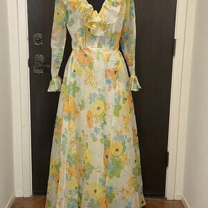 Roger Milot Fred Perlberg 60s-70s Chiffon Poppy Flower Power Maxi Dress